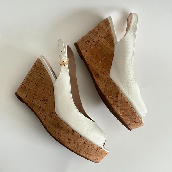 Stuart Weitzman Beige Leather Rinna Wedge Peep-toe Sling Back Sandals 8.5 - Picture 5 of 12